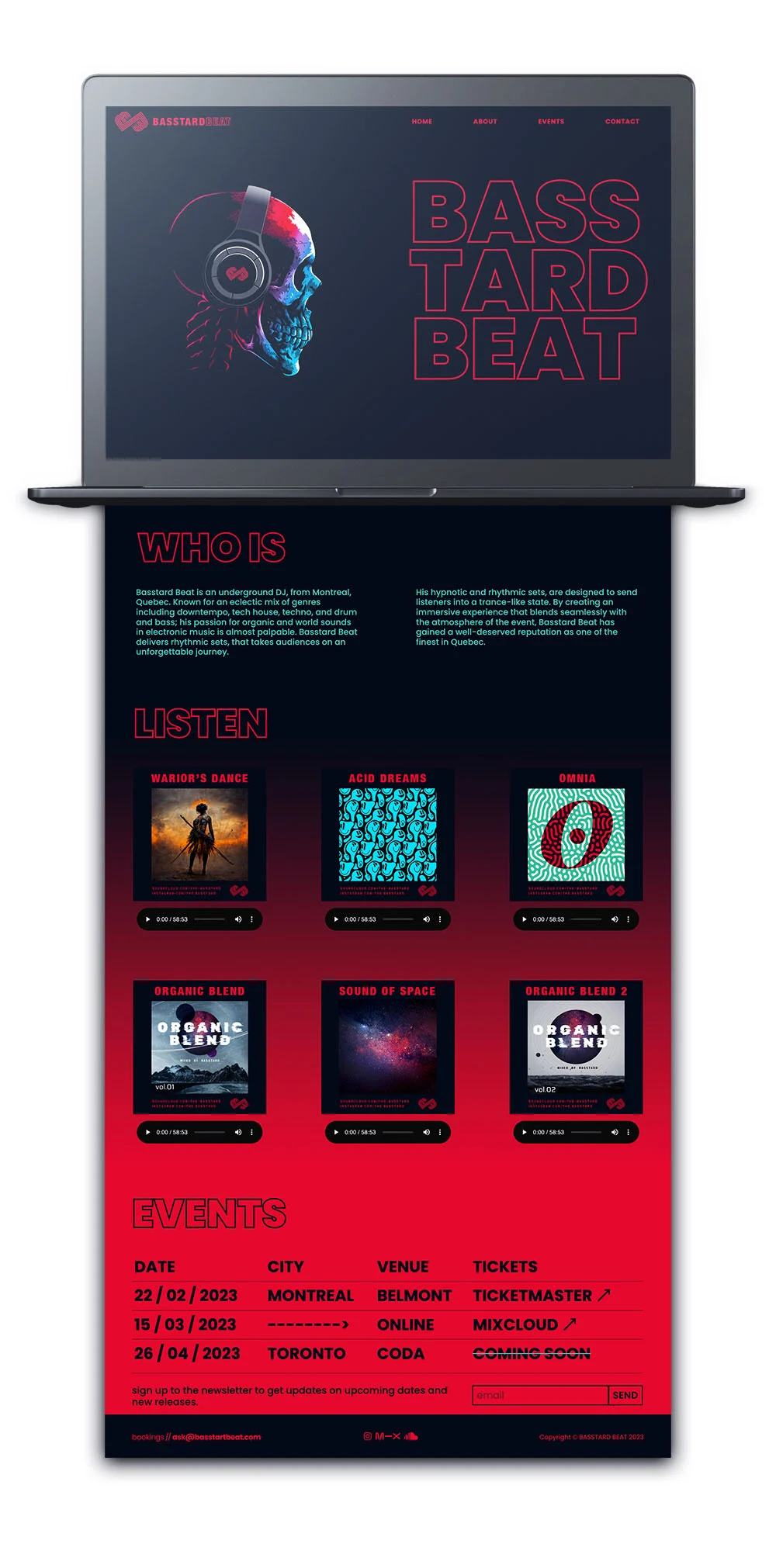 The Basstard Beat site on a laptop, the full page top to bottom — skull hero, bio, six mixes with players, and the events table.
