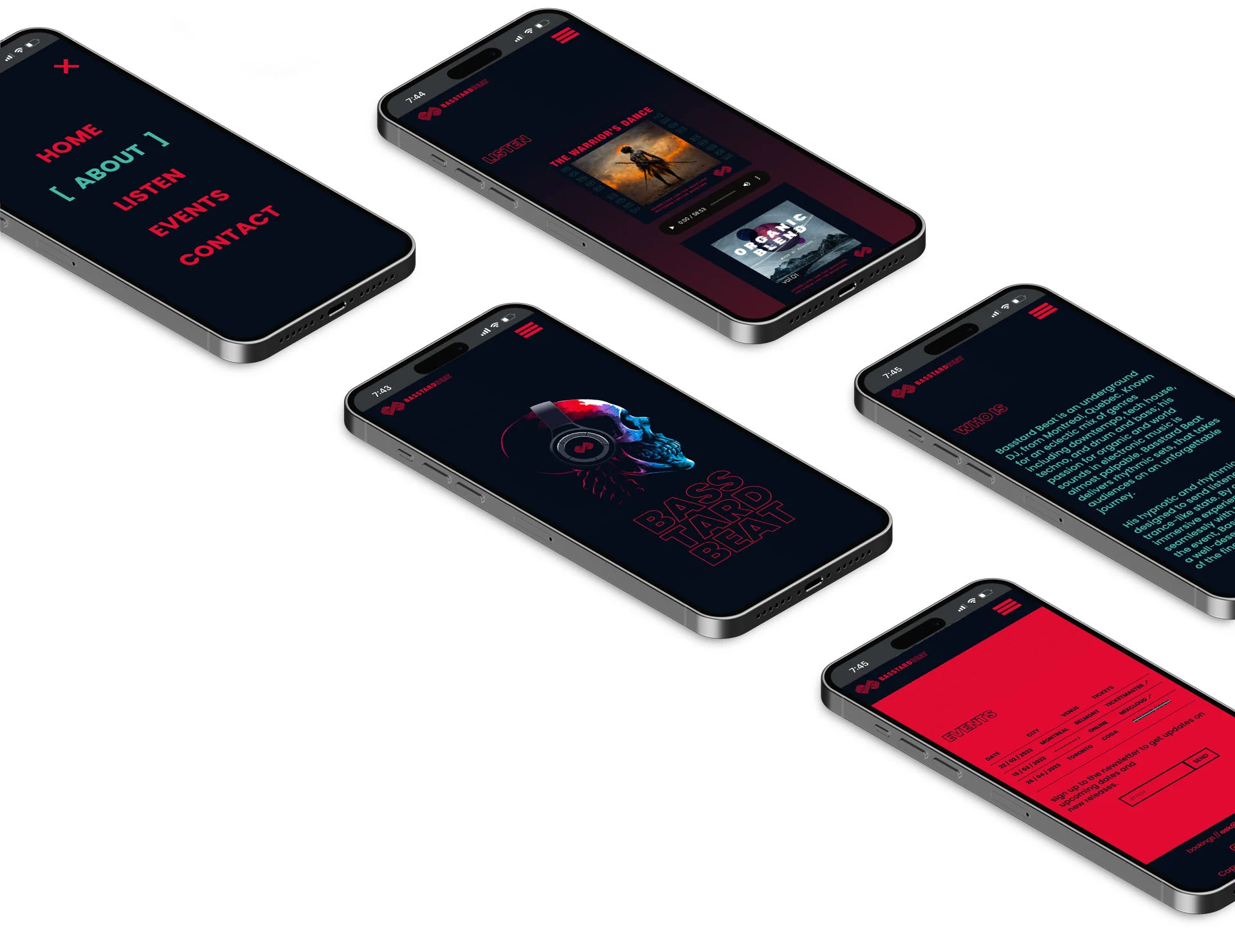 Five phones — menu, the mixes list, the skull hero, the bio, and the red events screen.
