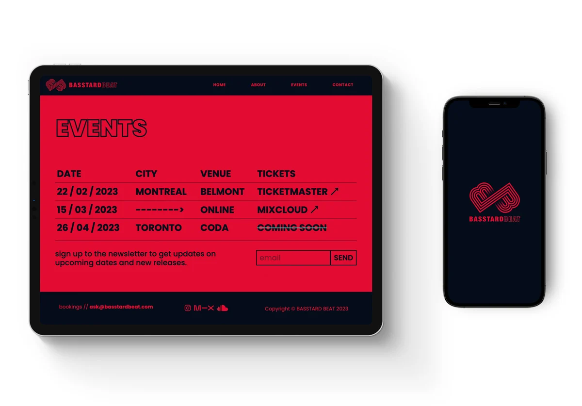 The Basstard Beat events screen on tablet, with the logo on a phone alongside.
