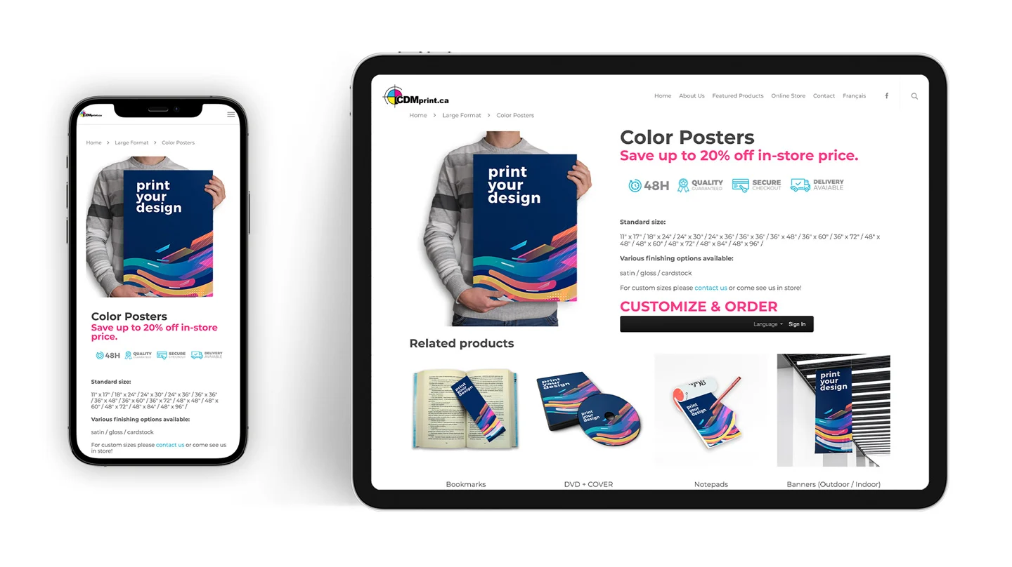 The Color Posters product page on tablet and phone — sizes, finishing options, and the customize-and-order flow.