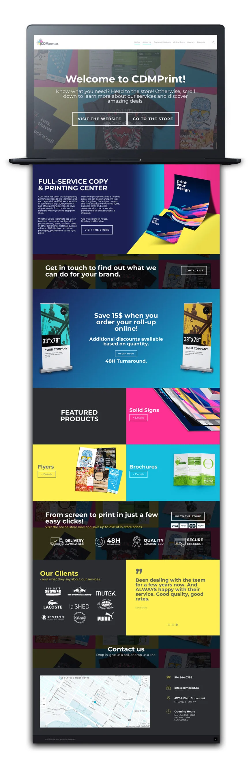 The CDM Print site on a laptop, the full homepage top to bottom — services, roll-up promo, featured products in Not-CMYK color blocks, clients, contact.