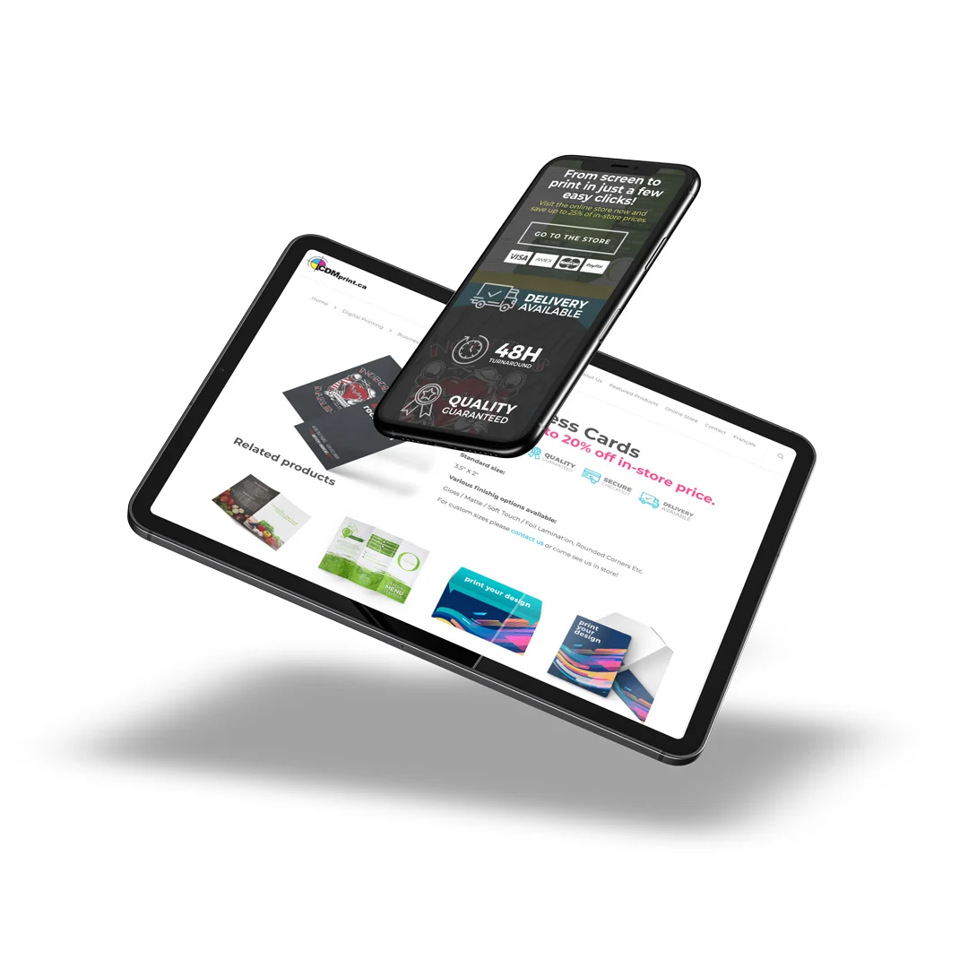 The store floating on tablet and phone — business cards product page, screen to print in a few clicks.
