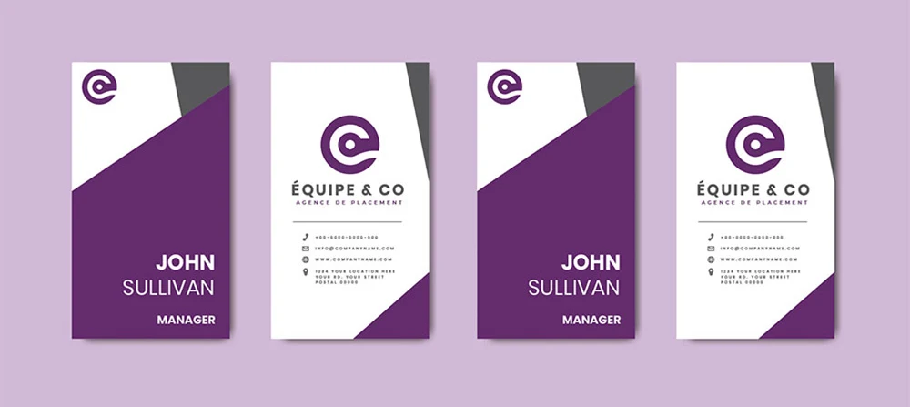 Business cards, four up — purple front with the name, white back with the full lockup and contact details.