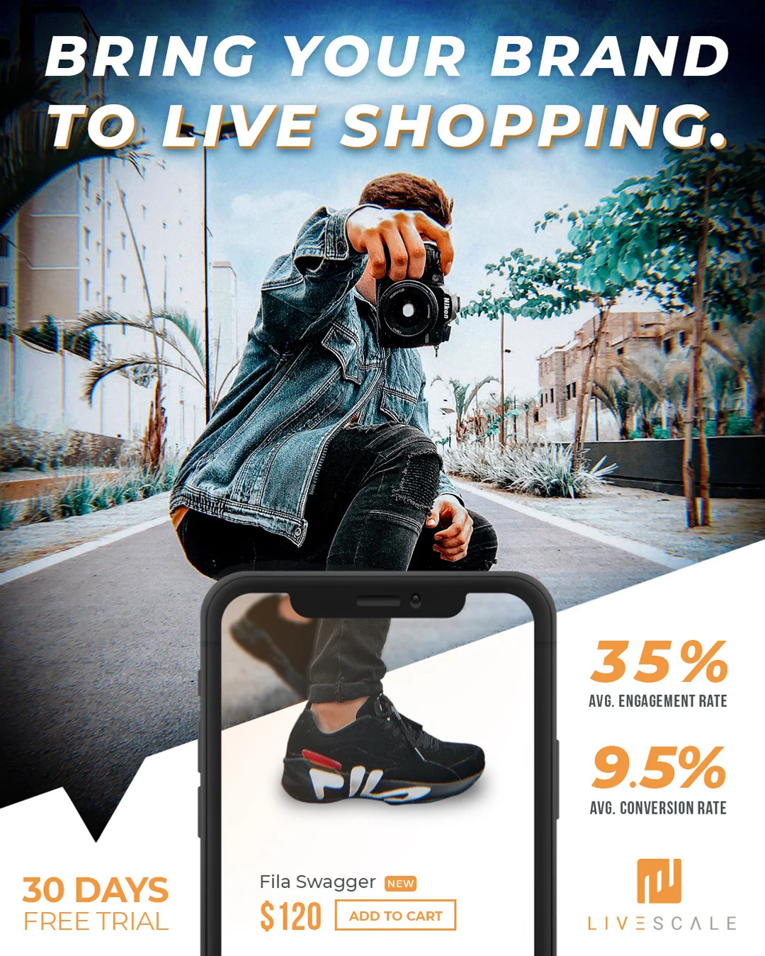 Ad for brands — bring your brand to live shopping, a crouching photographer whose sneaker becomes the product on the phone.