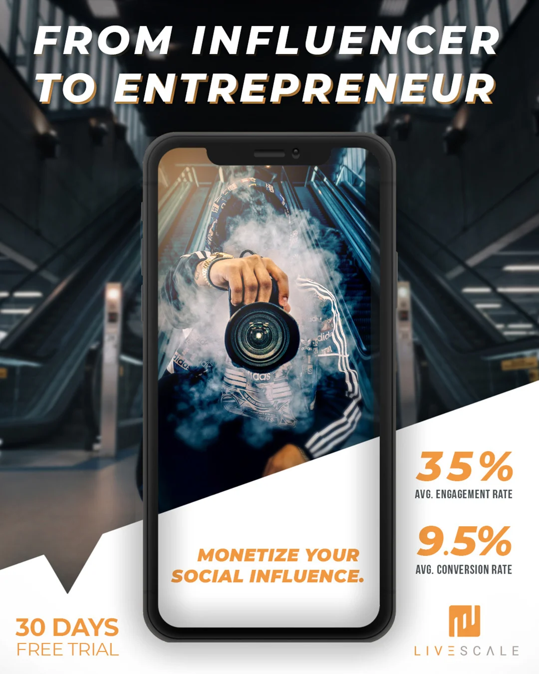 Ad for influencers — from influencer to entrepreneur, a photographer shooting on an escalator, arm crossing out of the phone.