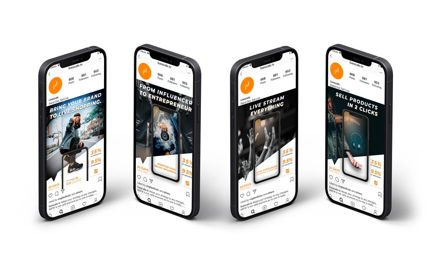 The four Livescale ads running in the Instagram feed across four phones.