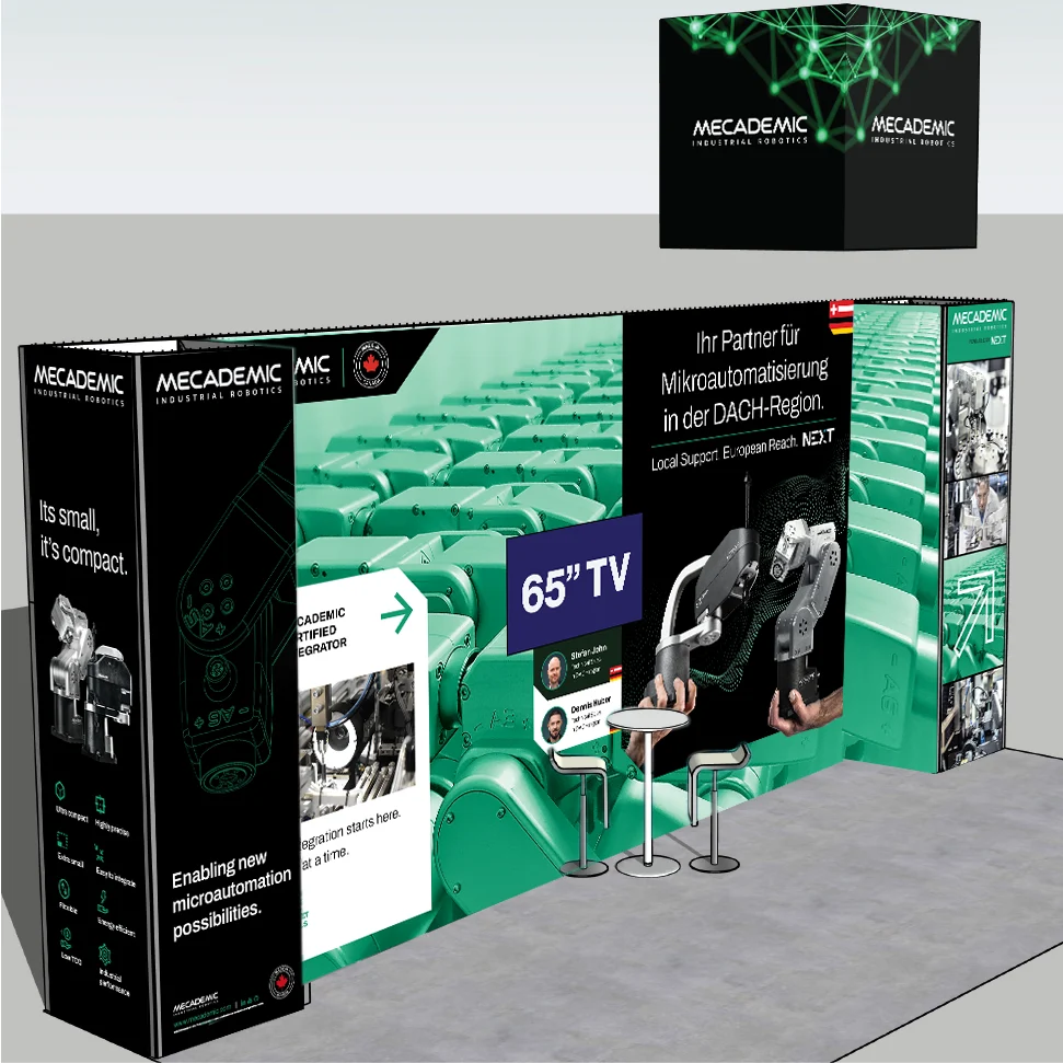 Booth render, left view — the full wall run with the hanging cube above it.
