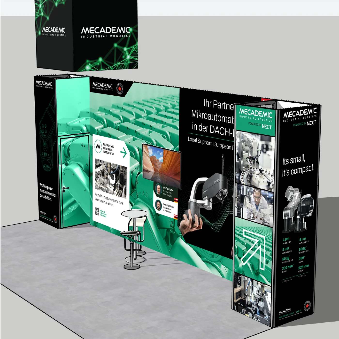 Booth render, right view — the corner return carrying the spec and application panels.