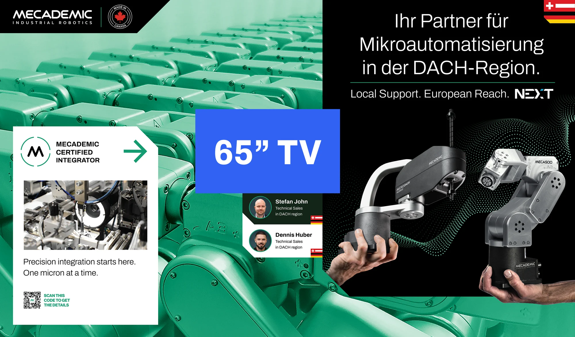 The Automatica 2025 main wall artwork, flat — the German positioning line, the certified-integrator panel and the arms in hand.