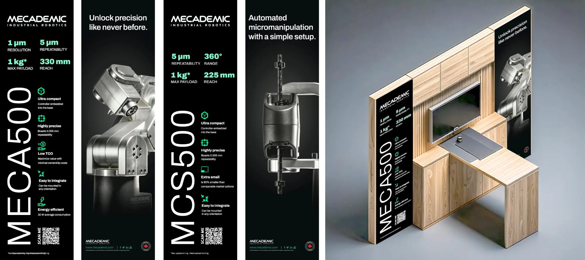 The booth banner system — Meca500 and MCS500 panels beside the built wooden kiosk.