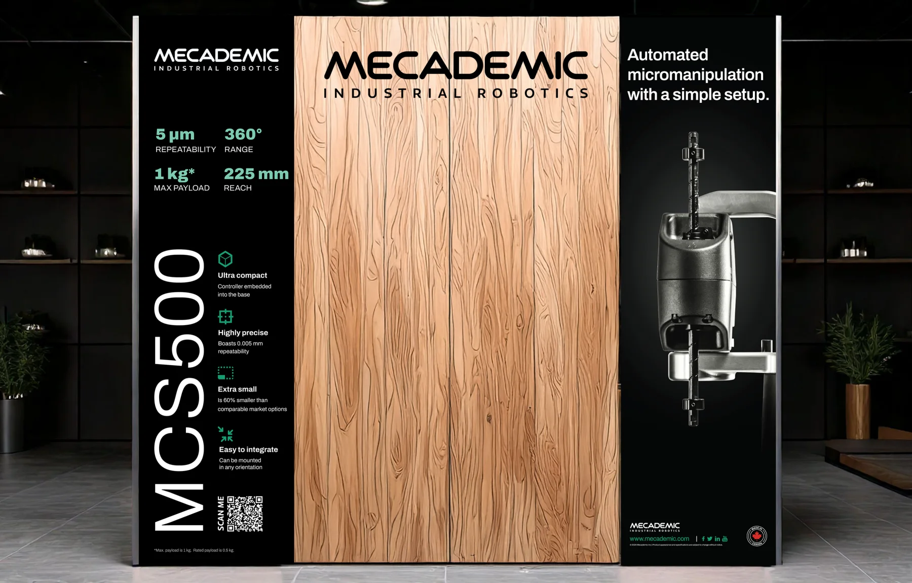 MCS500 booth — wood centre wall flanked by spec and application panels.