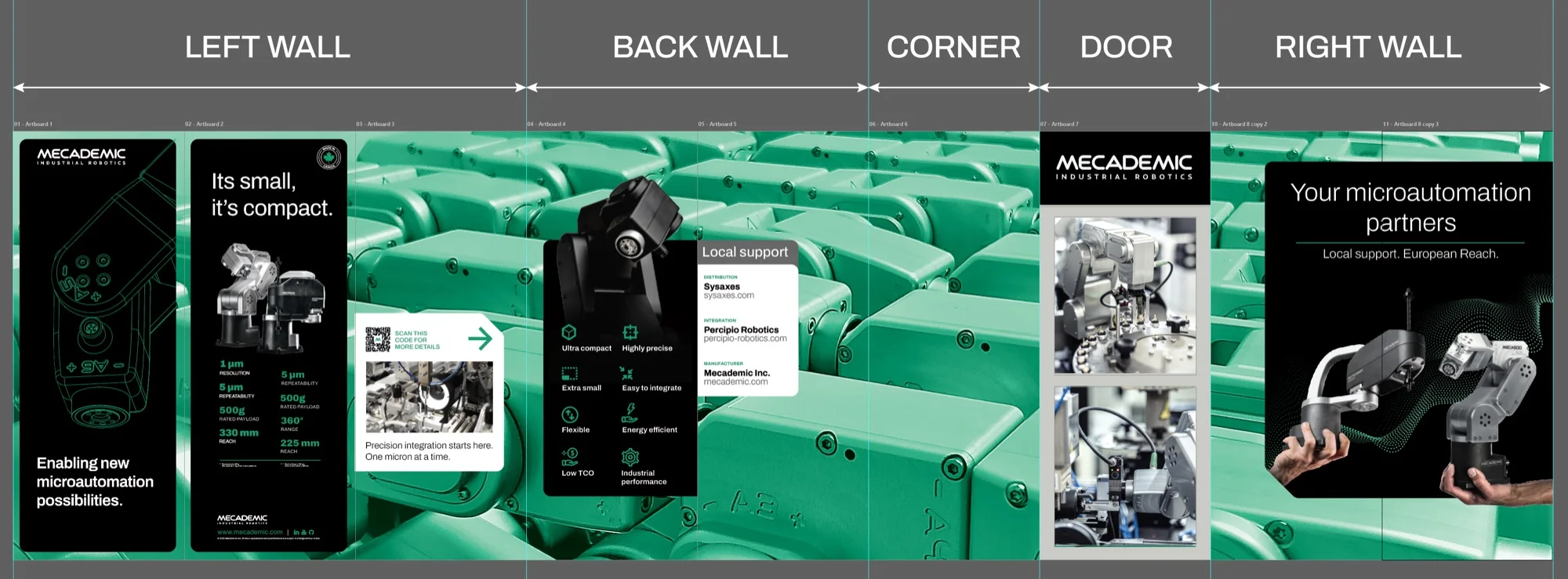 Tradeshow booth artwork production file — left wall, back wall, corner, door and right wall laid out to scale.