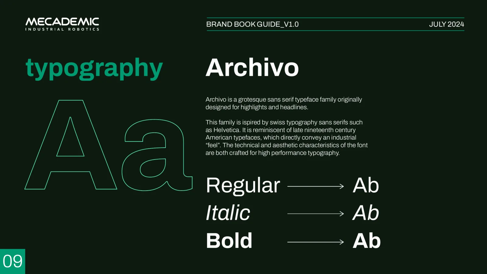 Brand guide — typography, the Archivo specimen on deep forest.