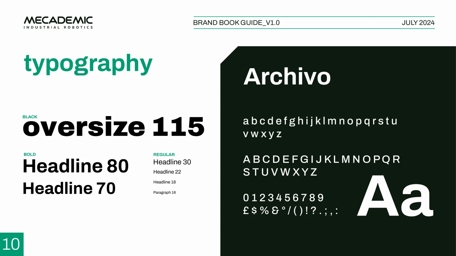 Brand guide — typography scale: oversize 115, headlines, paragraph.