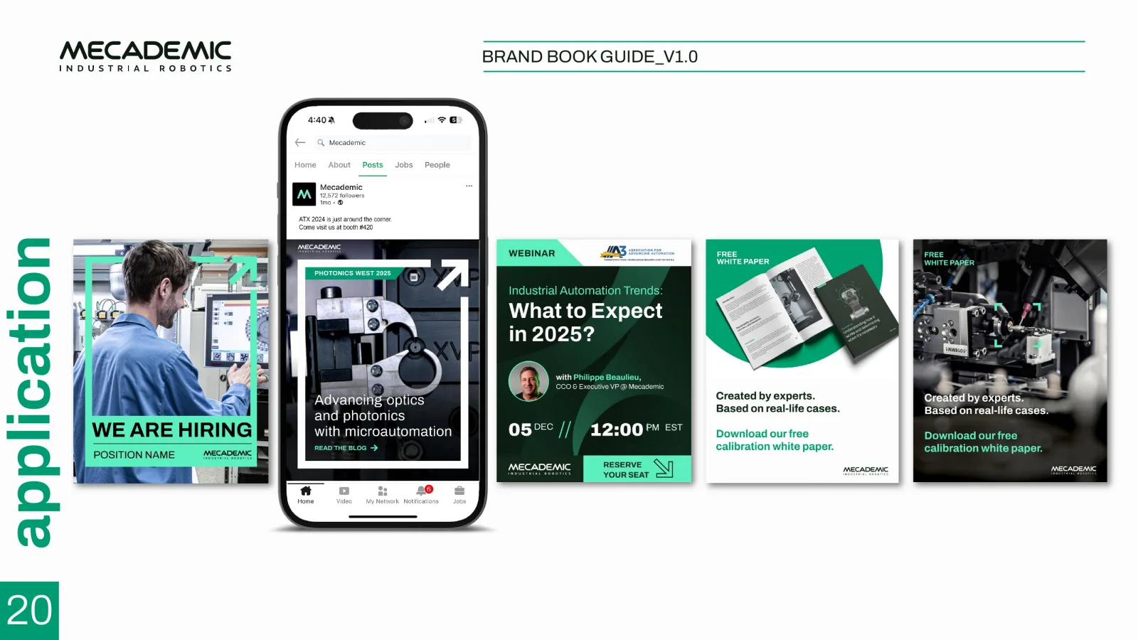Brand guide — application: social posts, webinar and whitepaper cards.