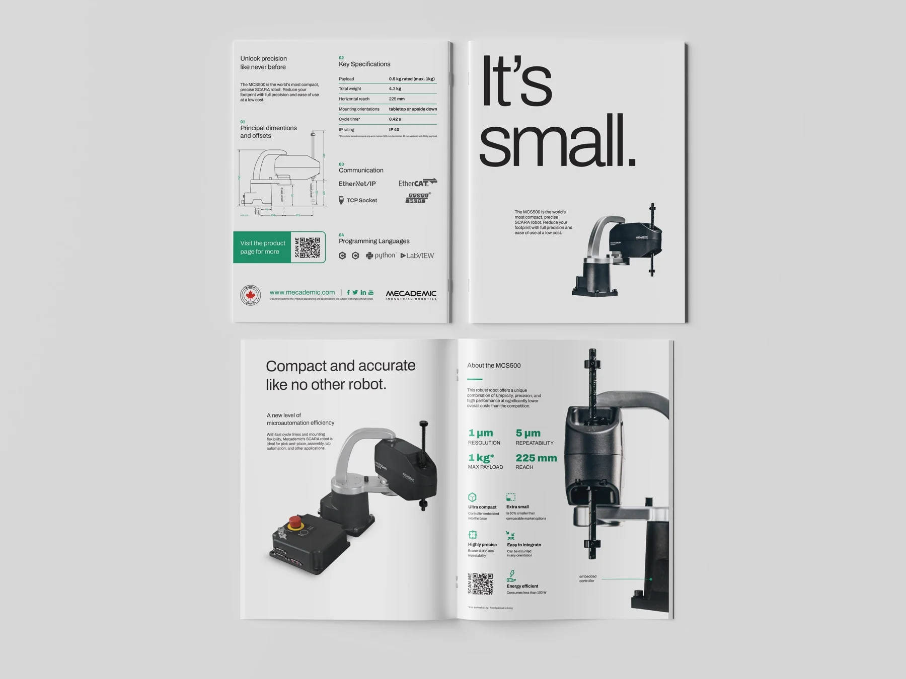 MCS500 SCARA marketing brochure spreads — It's small.