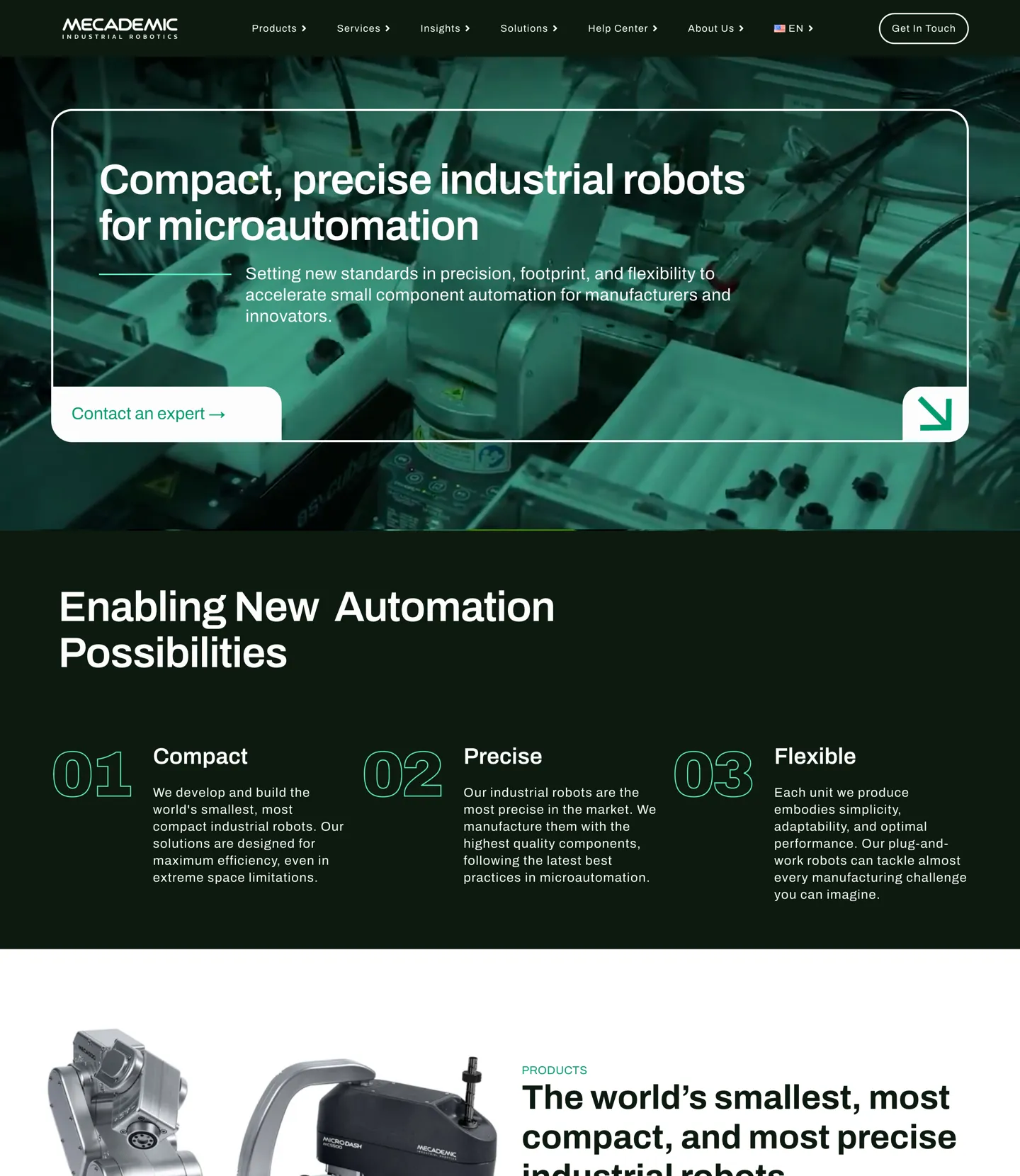 mecademic.com homepage, top: the hero and microautomation positioning.