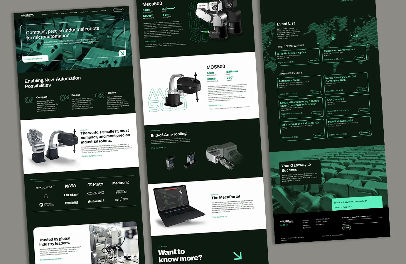 The homepage in full — hero, automation pillars, product range and the trusted-by wall.
