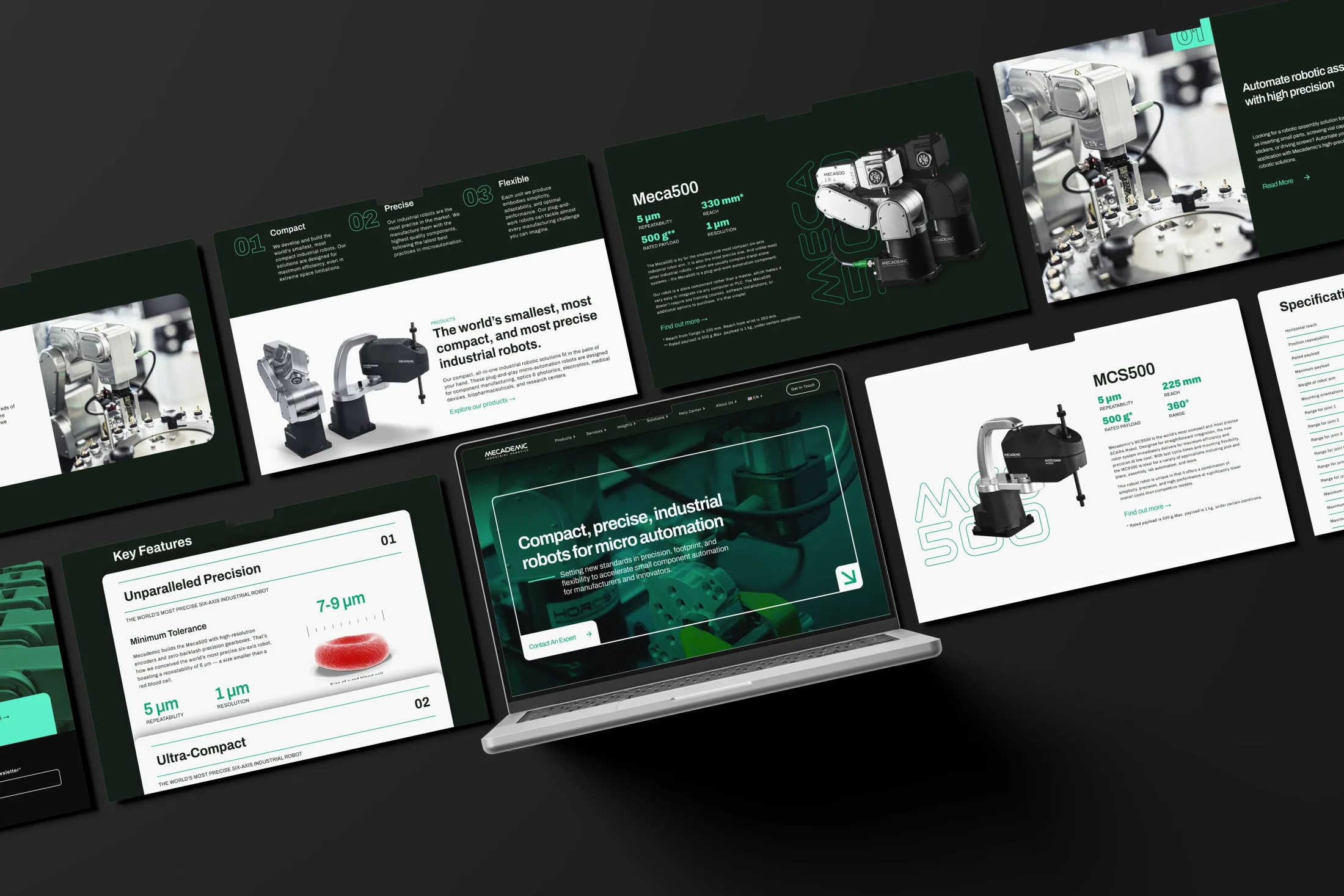 mecademic.com pages fanned out around a laptop — product, industry, key features and case-study screens.
