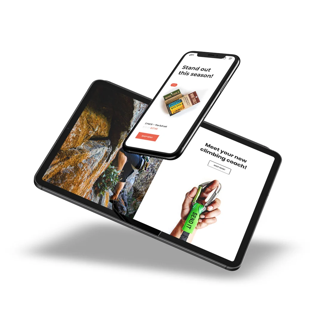 The store on tablet and phone — product pages and checkout.