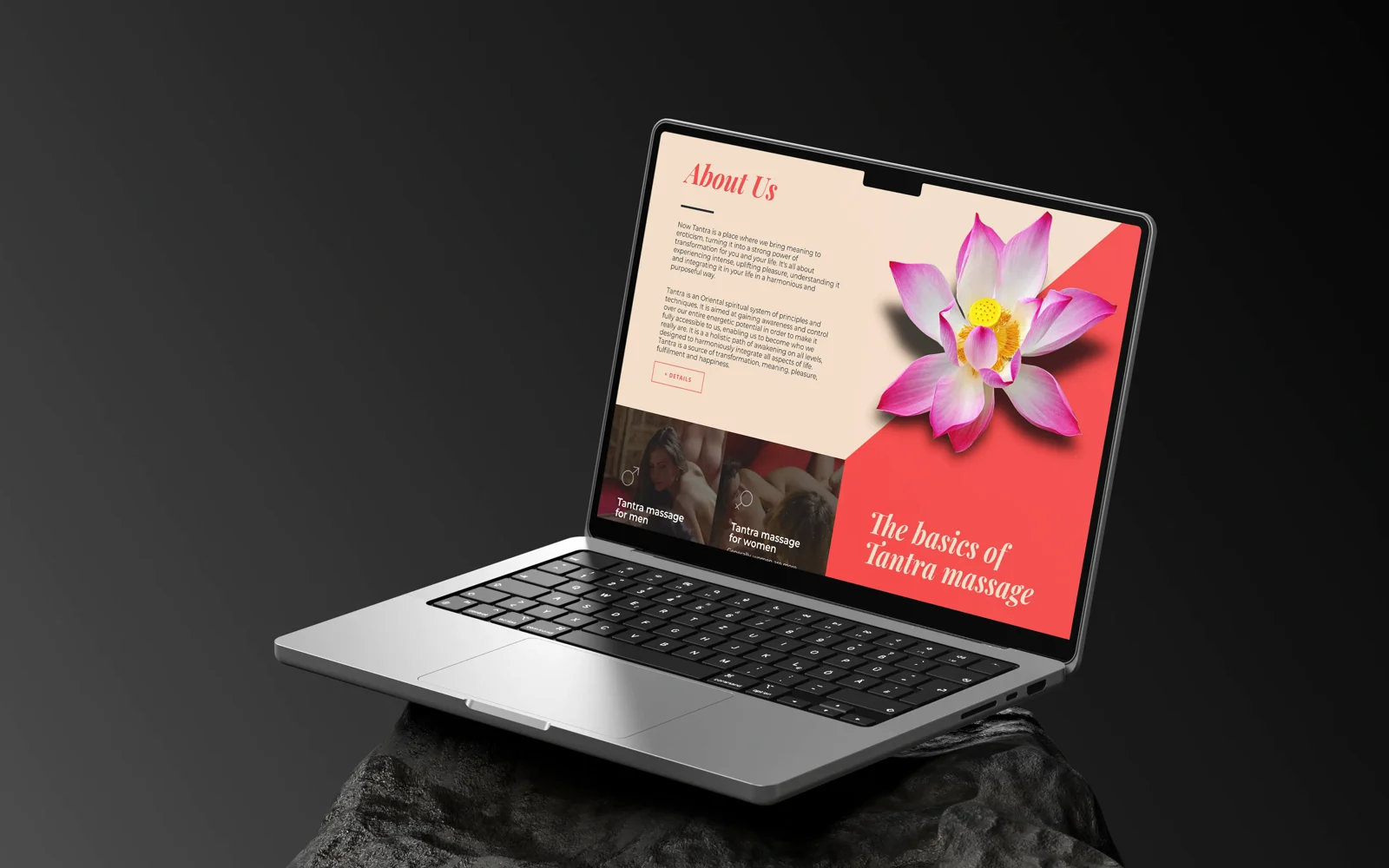 The Now Tantra site on a laptop, staged on dark rock — the about page.