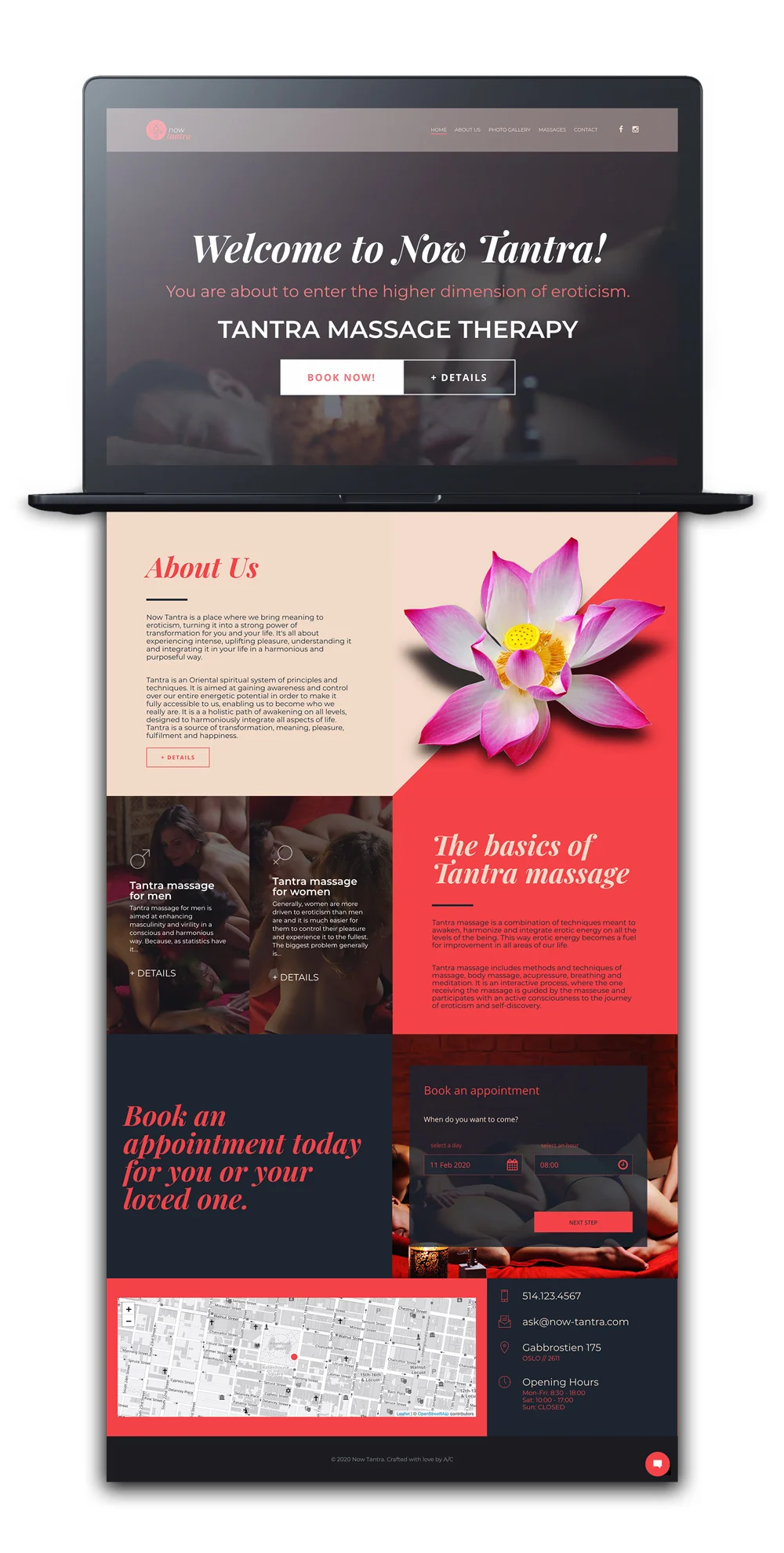 The Now Tantra site on a laptop, the full page top to bottom — hero, about, the two treatment tracks, the booking panel and contact.