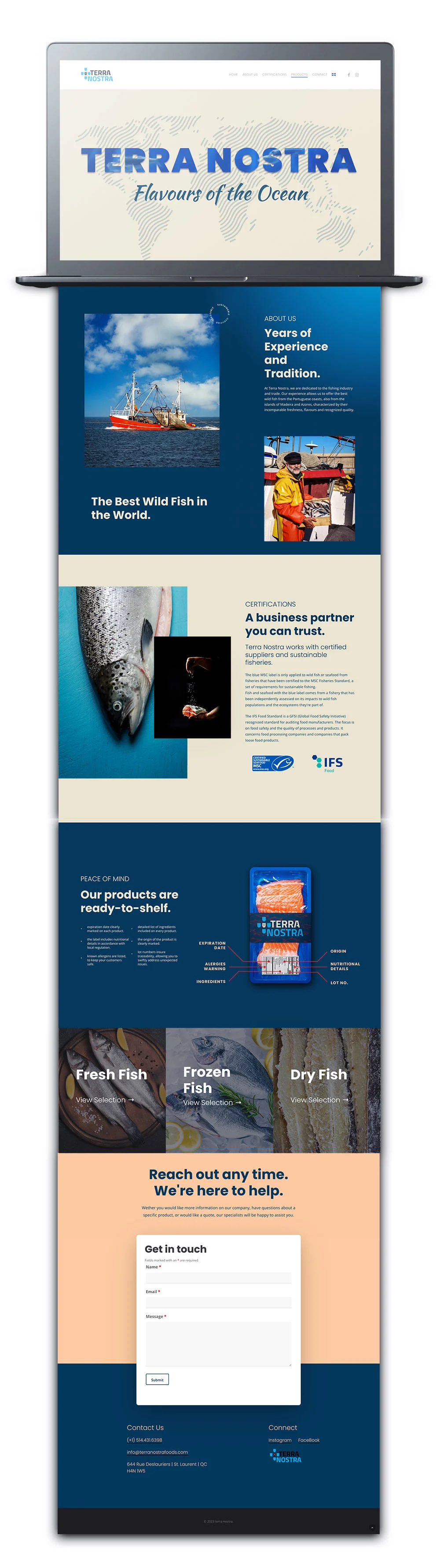 The Terra Nostra site on a laptop, the full page top to bottom — hero, story, certifications, products, contact.
