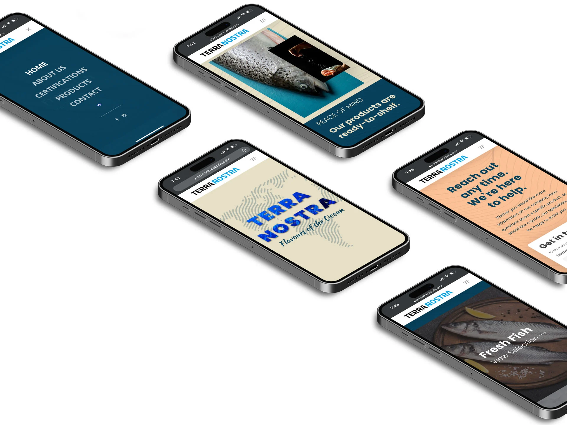 Five phones fanned across the frame — menu, story, cover, contact and product screens of the Terra Nostra site.