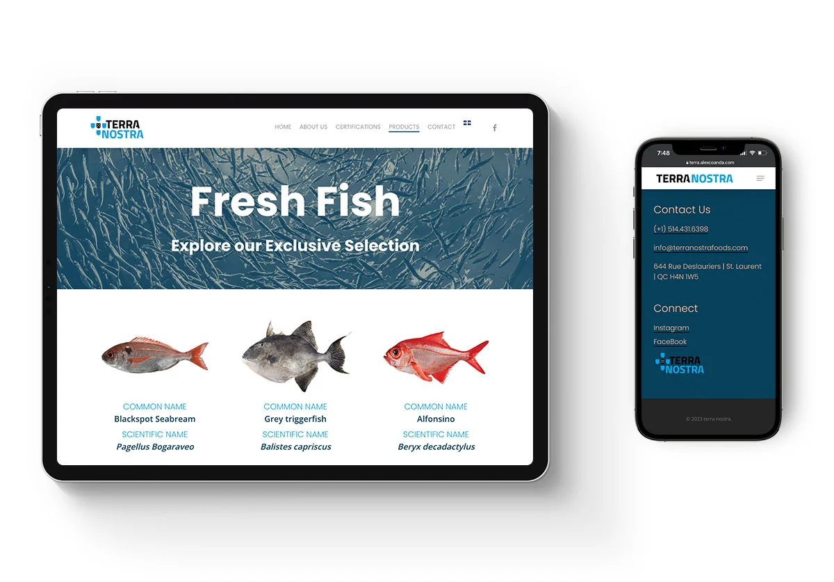 The Fresh Fish catalogue on tablet — every species by common and scientific name — and the contact page on phone.